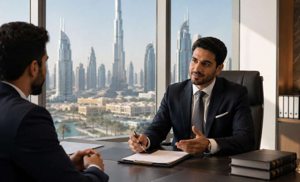 Business owner consulting a legal advisor in a Dubai office.