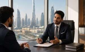 Business owner consulting a legal advisor in a Dubai office.