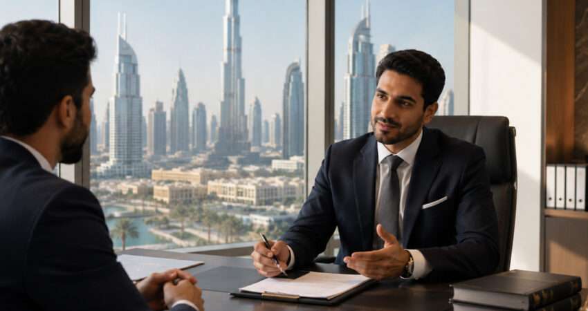 Business owner consulting a legal advisor in a Dubai office.