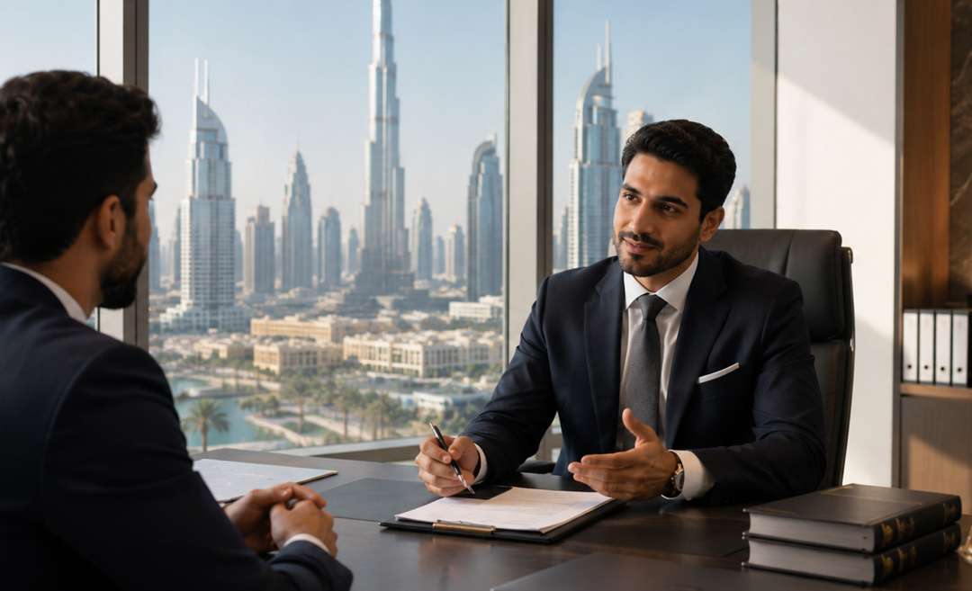 Business owner consulting a legal advisor in a Dubai office.