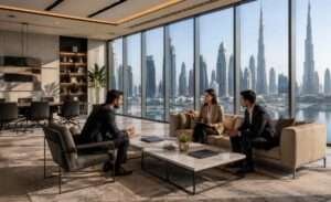 Business professionals discussing commercial dispute resolution in Dubai through negotiation and mediation.