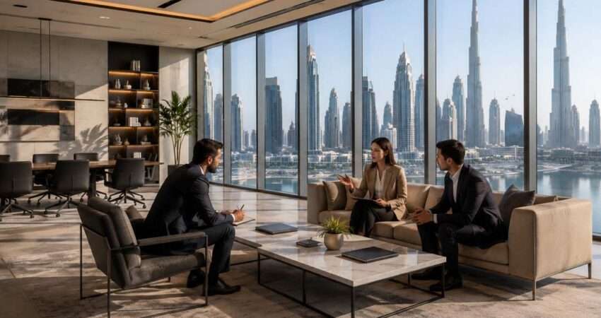 Business professionals discussing commercial dispute resolution in Dubai through negotiation and mediation.