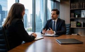Professional consultation with an M&A lawyer in a corporate office.