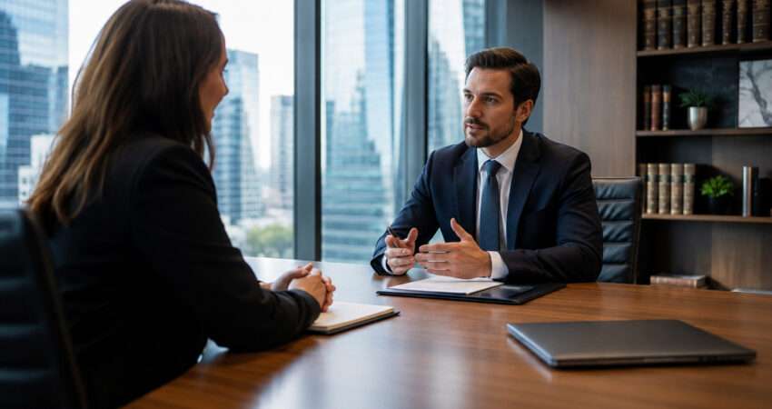 Professional consultation with an M&A lawyer in a corporate office.