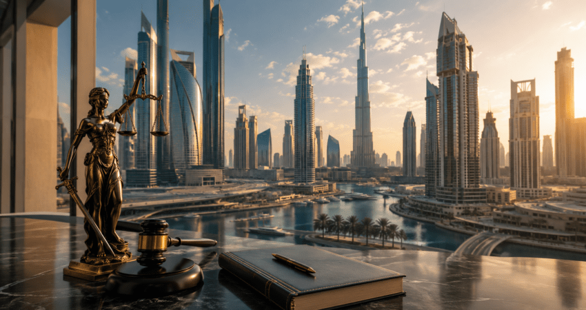 Statue of justice, gavel and law book overlooking Dubai's skyline.