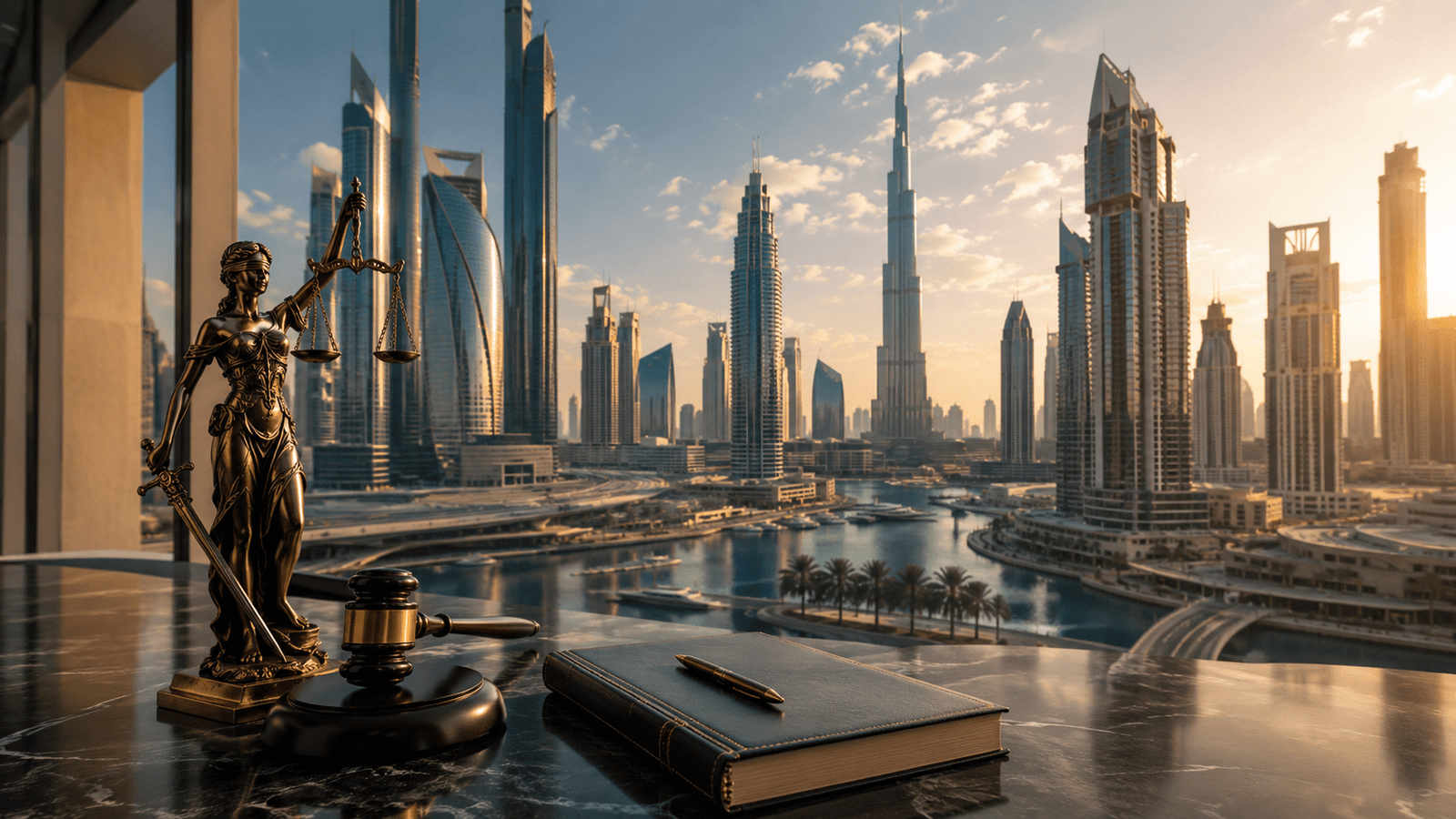 Statue of justice, gavel and law book overlooking Dubai's skyline.