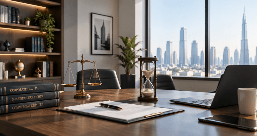 UAE corporate law office with shareholder dispute documents, legal books, scales of justice, and a laptop.