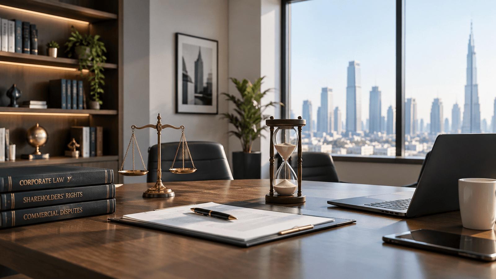UAE corporate law office with shareholder dispute documents, legal books, scales of justice, and a laptop.