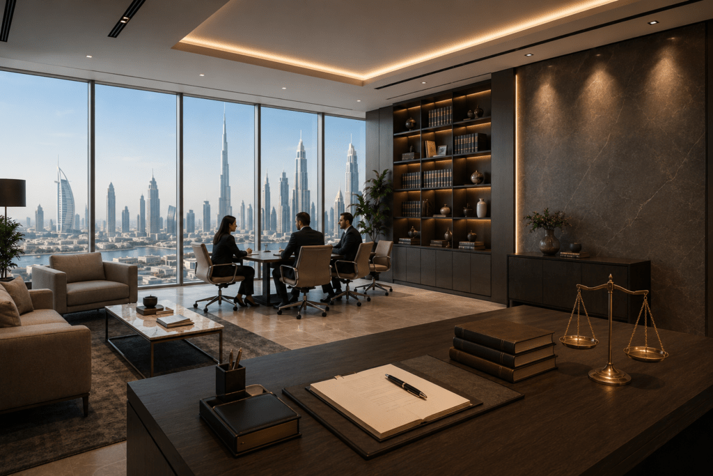 Dubai law firm meeting for arbitration and dispute resolution with legal documents and scales of justice.