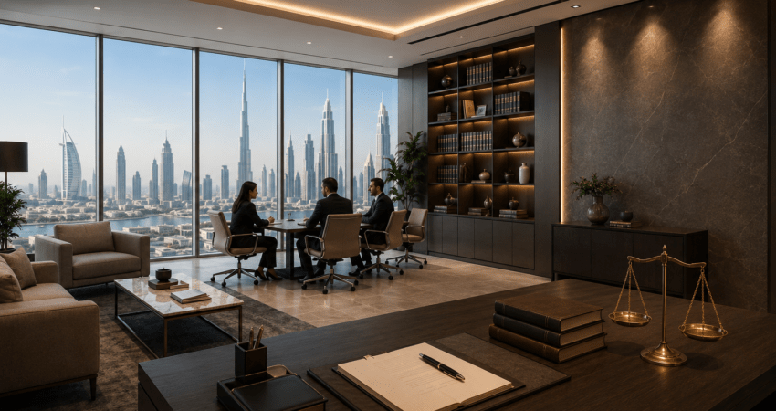 Dubai law firm meeting for arbitration and dispute resolution with legal documents and scales of justice.