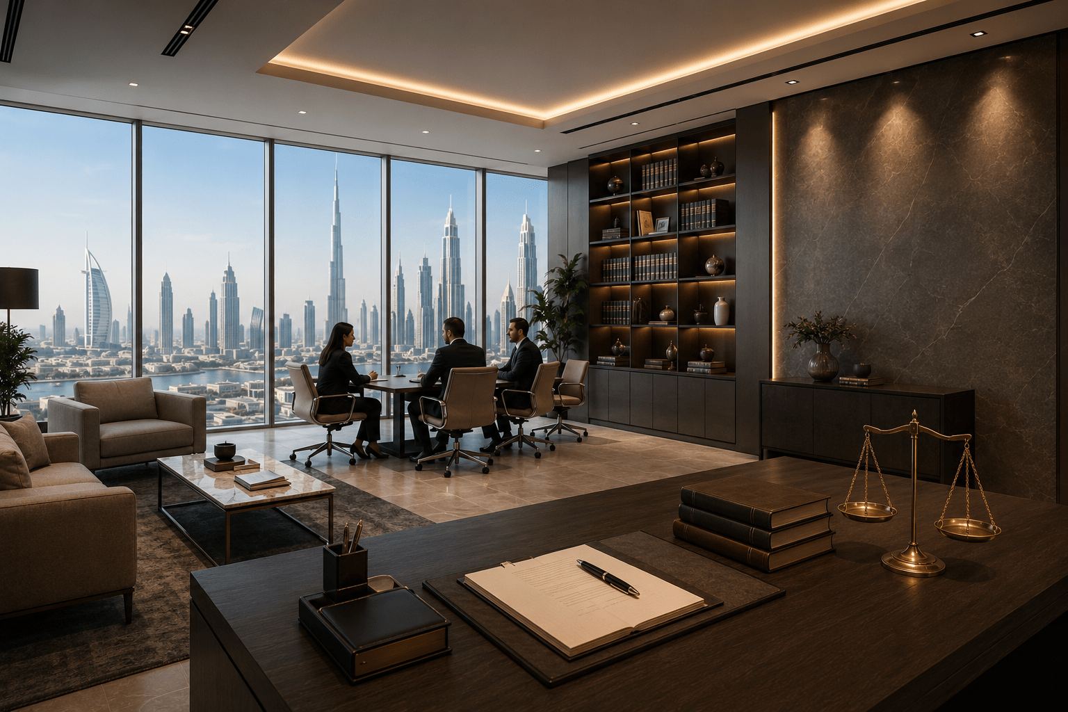Dubai law firm meeting for arbitration and dispute resolution with legal documents and scales of justice.