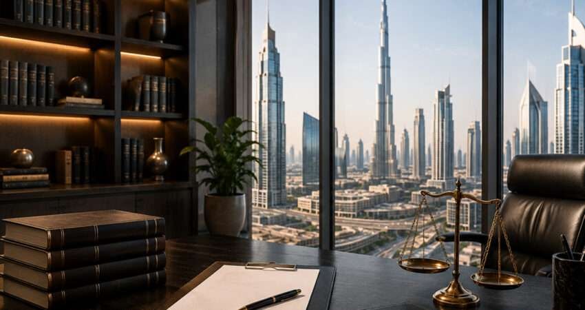 Dubai law firm office with legal books, documents, and scales of justice overlooking the city skyline.