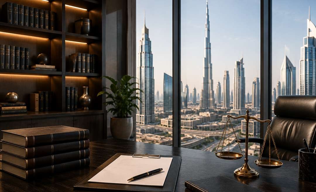 Dubai law firm office with legal books, documents, and scales of justice overlooking the city skyline.